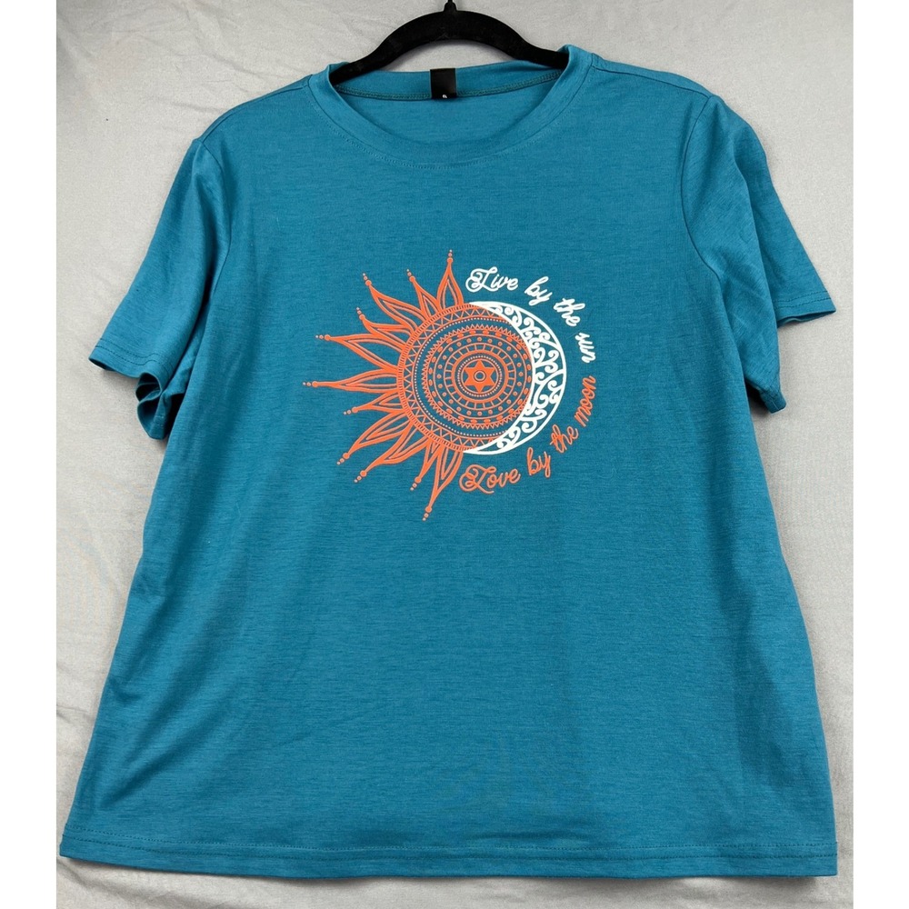 SHEIN T-Shirt Womens XL Live By The Sun Love By The Moon Celestial Teal Good